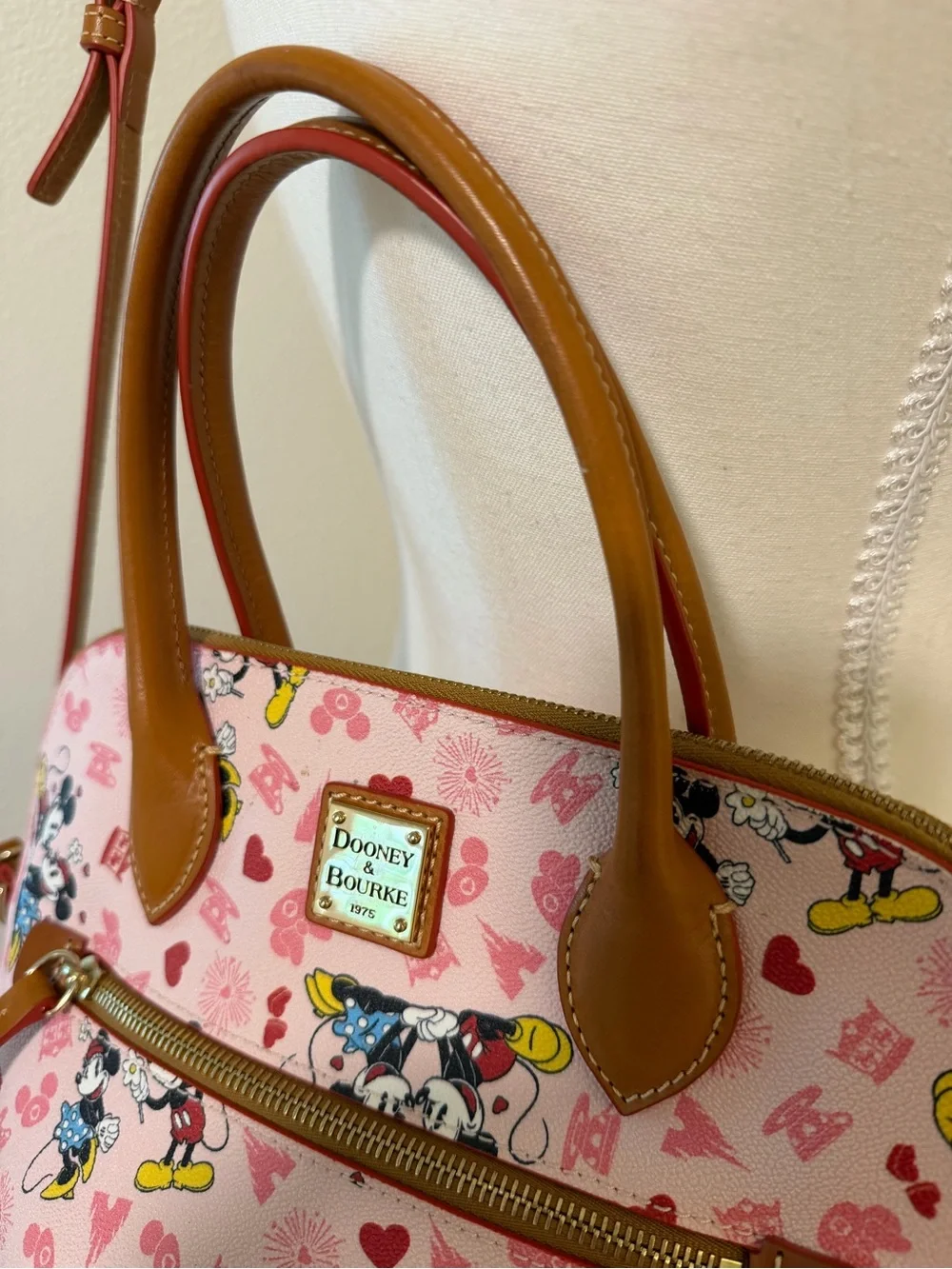 Dooney & Bourke Disney Mickey Mouse Print Satchel Purse Brown Trim Love Heart